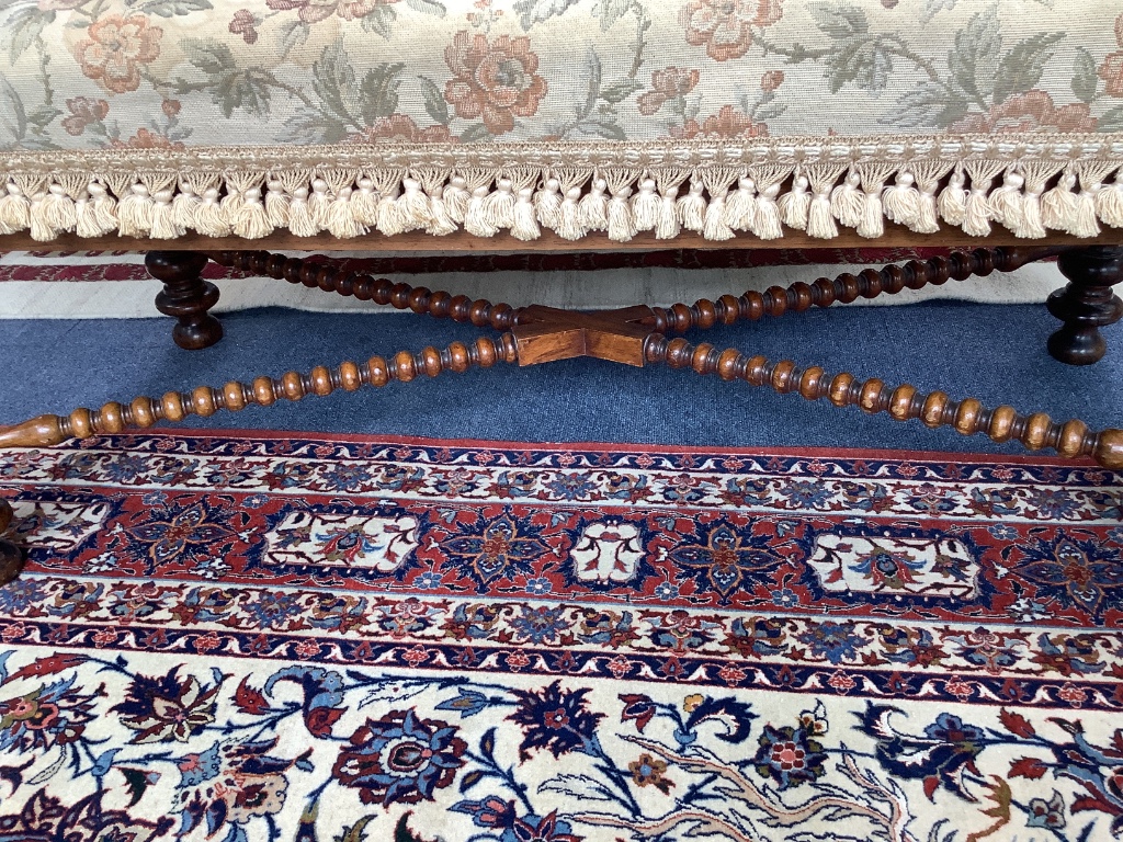 A Victorian bobbin turned walnut stool, length 116cm, depth 56cm, height 48cm